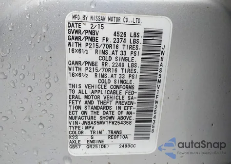 2015 Nissan Rogue Select S z USA, uszkodzony, nr VIN JN8AS5MV1FW254358